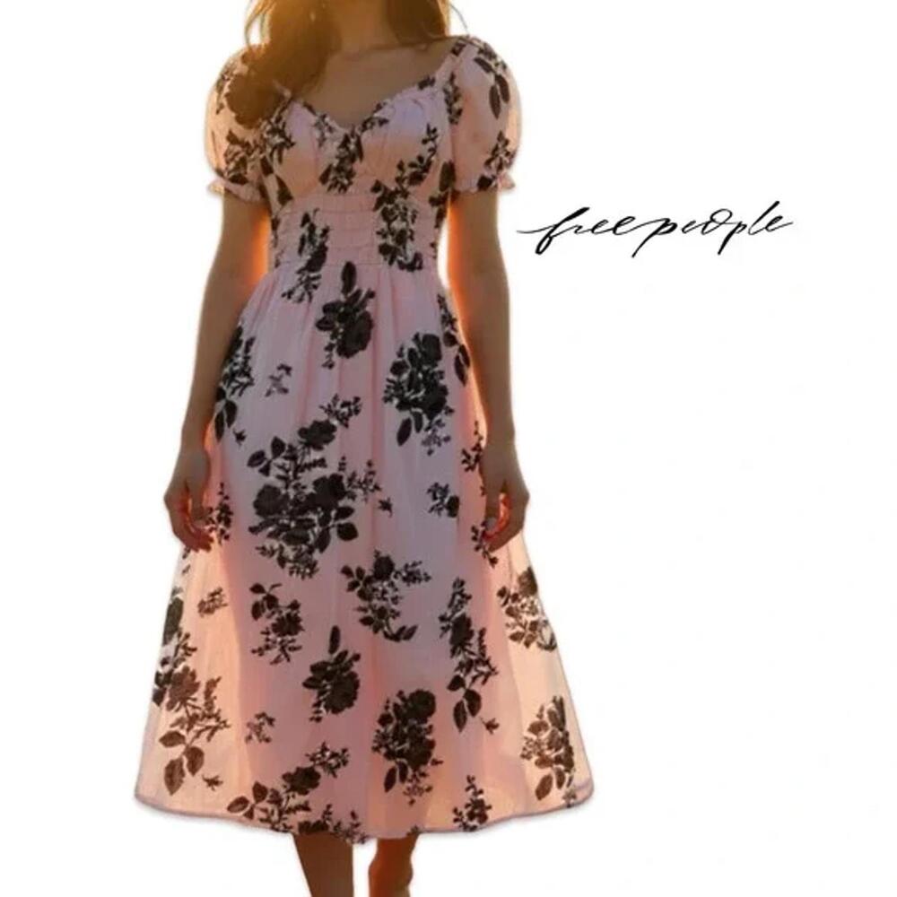 NWOT Free People Maxi Dress Forget Me Not Floral Smocked Peach Cottage Boho XS